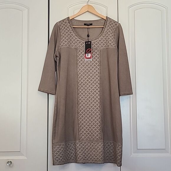 Yest Oculus Cotton Quilted Shift Dress Tunic Lagen Look Taupe Size 12 - Picture 1 of 13